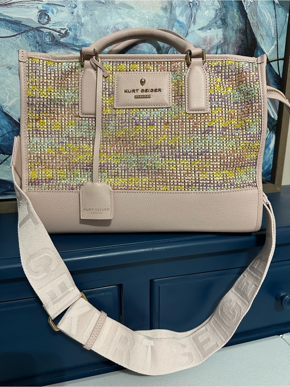 Kurt Geiger Pale Pink Tweed Top-Handle Bag with Removable Strap